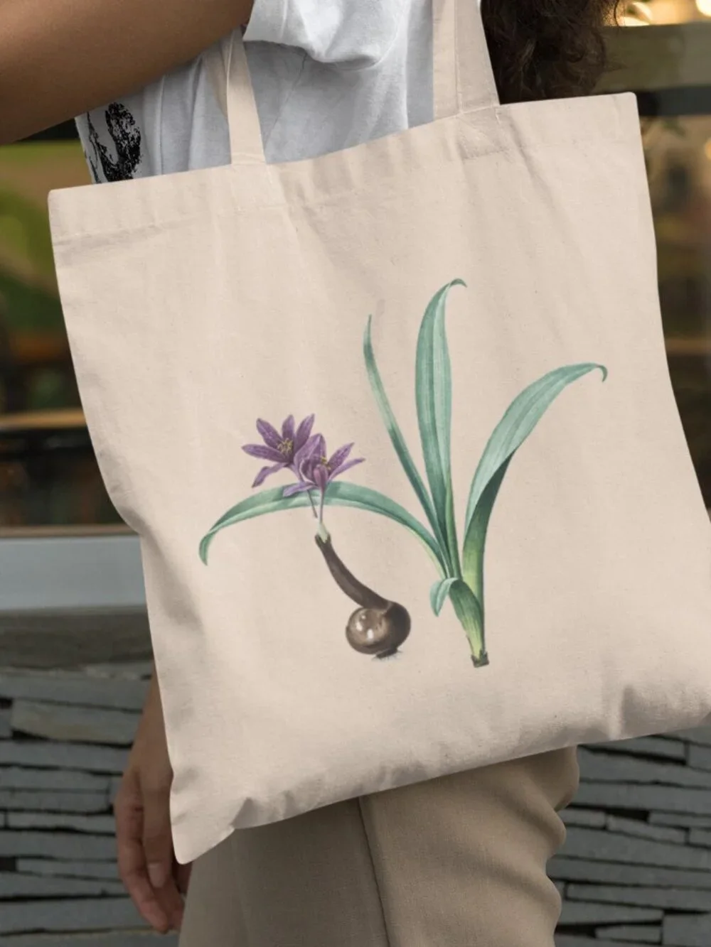 Autumn Crocus Vintage Floral Print Graphic Canvas Tote Bag